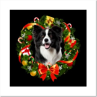 Funny Border Collie Christmas Wreath Ornament Posters and Art